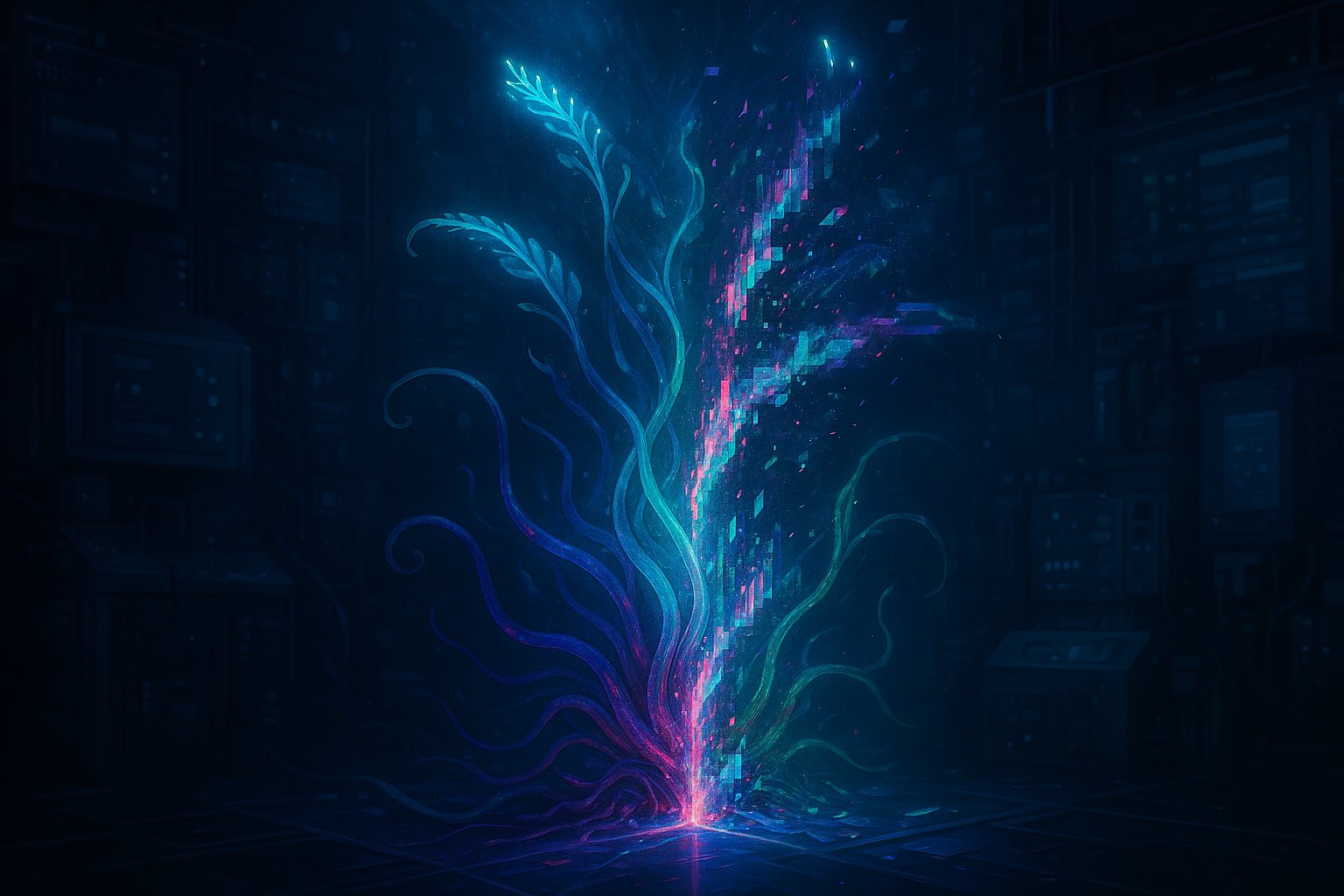 Glitch-veined plantlike emergence in server stack