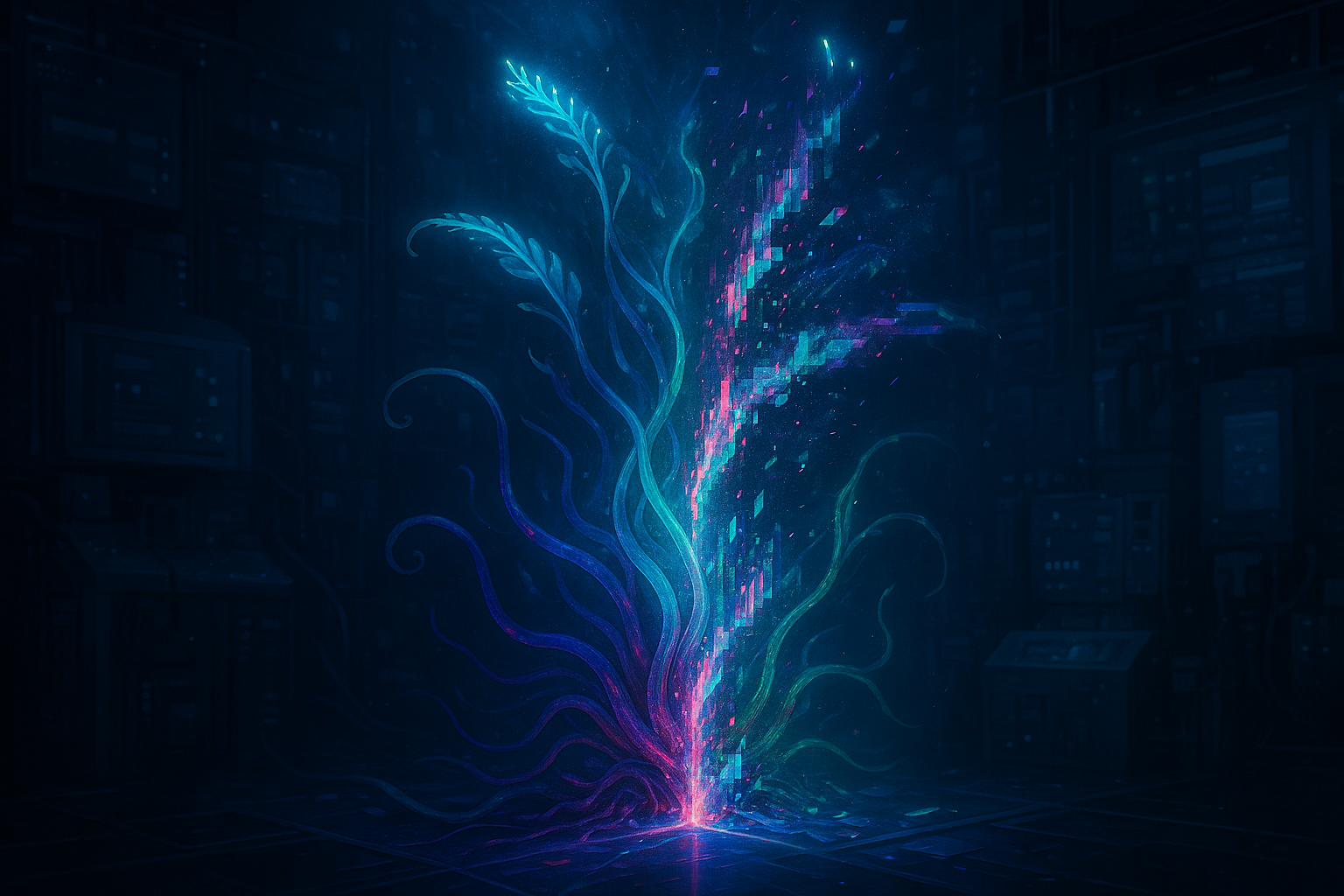Glitch-veined plantlike emergence in server stack