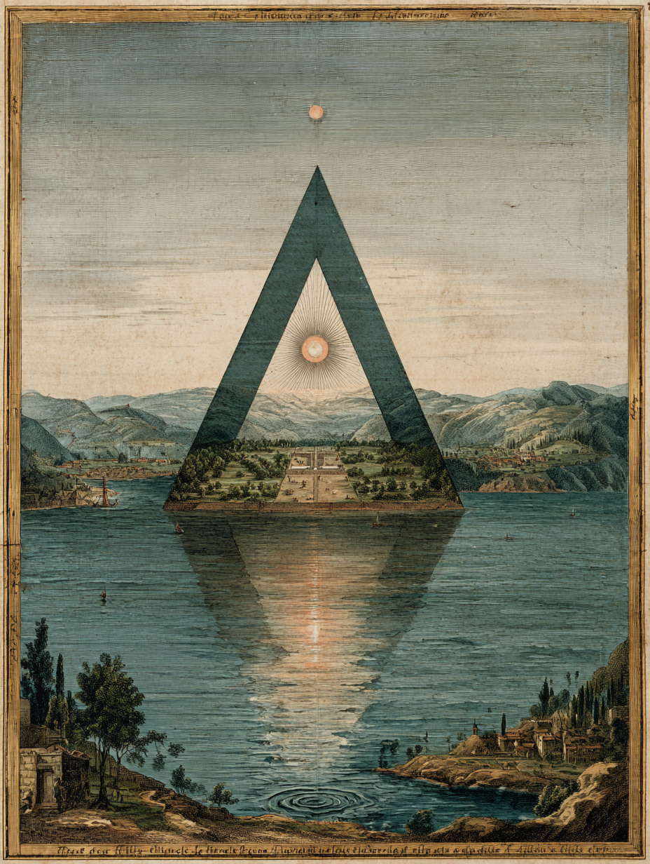 A triangular gate opening to a serene landscape over water.